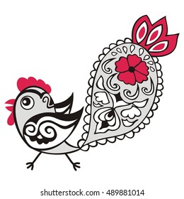 Chinese animal astrological sign red rooster hand-drawn isolated white background symbol 2017 New Year, Christmas card. Japanese zodiac horoscope banner. Easter holiday pattern vector illustration.
