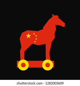 Chinese Animal As Silhouette Of Trojan Horse - Suspicious Thing From Chinese State And Country - Threat Of Dangerous Betrayal, Malicious Swindle And Fraud. Vector Illustration