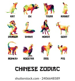 Chinese Animal Zodiac in Colorful Polygonal Low Poly. Animal Abstract Vector of Chinese Zodiac. Animal Set of Chinese Zodiac in Colorful Polygon