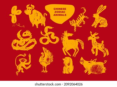 Chinese animals zodiac. China calendar signs set, astrological oriental zodiacal horoscope symbols