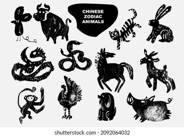 Chinese animals zodiac. China calendar signs set, astrological oriental zodiacal horoscope symbols