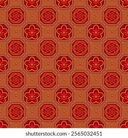 Chinese antique seamless pattern. Chinese oriental background. Traditional Asian red and gold tone design. Vector design for wallpaper, wrapping paper, backdrop, fabric, woven and textile.