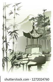 Chinese Arbor
Chinese arbor by the pond. Vector imitation of Chinese painting.