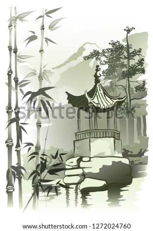 Chinese Arbor
Chinese arbor by the pond. Vector imitation of Chinese painting.