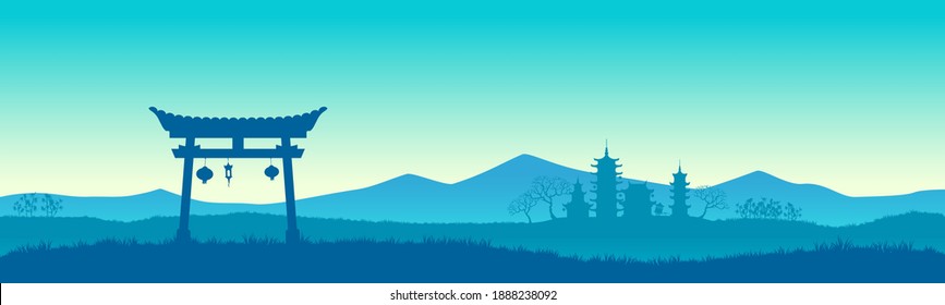 Chinese arch against the background of mountains. Wild steppes. Stock vector illustration. eps 10 vector 