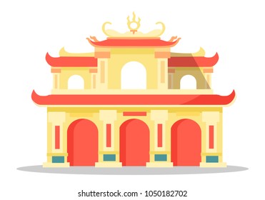 Chinese architectural festival building isolated on white. Vector illustration of yellow construction with red and blue colours and special figures on roof. Colourful structure icon in flat design