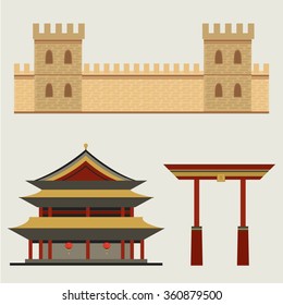 Chinese architecture. Great Wall of China. Vector set