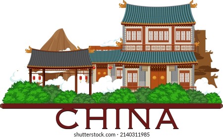 Chinese architecture iconic house building logo illustration