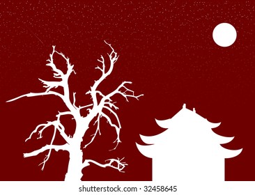 Chinese architecture and old tree under the moon on the red background with the stars.