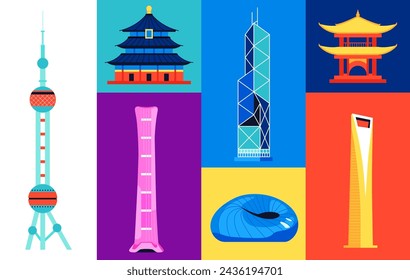 Arquitectura china - conjunto de ilustraciones de estilo de diseño plano. Imágenes en color de las torres de televisión del Banco de China y la Perla Oriental, Centro de Medios Internacionales de Phoenix, Templo del Cielo de Tiantan, santuario sintoísta