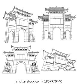 Chinese Archway gates. Travel poster and tourism concept. Gate Arch entrance. Asia or China traditional architecture style. Vector.