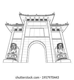 Chinese Archway gates. Travel poster and tourism concept. Gate Arch entrance. Asia or China traditional architecture style. Vector.
