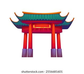 Chinese archway with traditional red pillars and green roof representing cultural heritage, asian architecture and an entryway symbolizing luck, prosperity and protection during lunar new year holiday