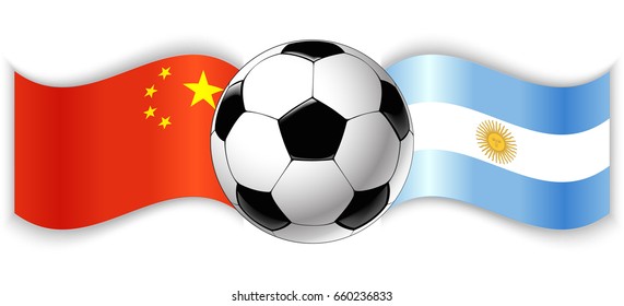 Chinese and Argentine wavy flags with football ball. China combined with Argentina isolated on white. Football match or international sport competition concept.