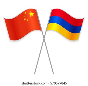 Chinese and Armenian crossed flags. China combined with Armenia isolated on white. Language learning, international business or travel concept.