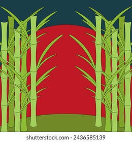 Chinese art with Bamboo tree on sunset background with Copy space. Asian plant and red Sun artwork. Vector illustration can used web banner card cover tamplate. EPS 10 Editable stroke.