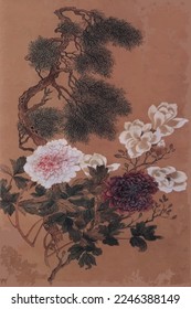 Chinesische Kunst. Die Berge. Blumen und Bäume. Vektorgrafik.