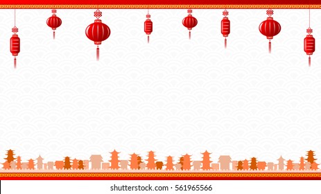 Chinese Art Style With Red Lantern And Yellow Border Abstract Background Vector Illustration Eps 10