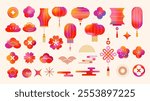 Chinese, Asian abstract colorful elements, flowers, lucky coins, Chinese lanterns, background for Chinese New Year, Mid-Autumn Festival and other Chinese holidays. Vector design and collection of