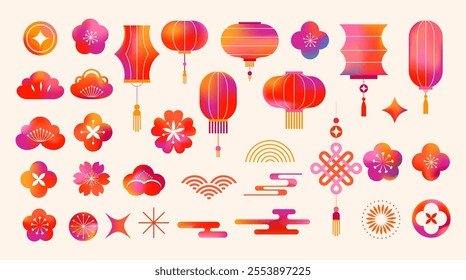 Chinese, Asian abstract colorful elements, flowers, lucky coins, Chinese lanterns, background for Chinese New Year, Mid-Autumn Festival and other Chinese holidays. Vector design and collection of