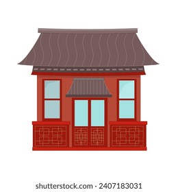 Chinese asian architecture building. red cute house and grey roof with decorated facade