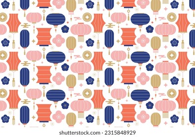 Chinese, Asian background, pattern. Lanterns, ornaments and flowers. Chinese New Year, Mid Autumn Festival background, banner and greeting card. Flat minimalist geometric vector design