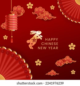 Chinese Asian Decorative with Symbol Rabbit Jump Lantern Fan and Cloud Red Gold Color