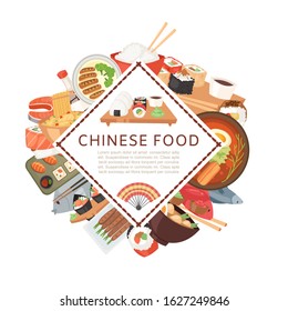 Chinese asian food ethnic menu banner vector illustration. Asian dinner dish plate. Traditional spicy appetizer snack poster. China cooking market or food festival. Dim sum, sushi and chinese cuisine.