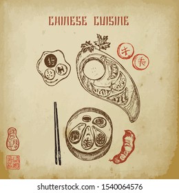 Chinese asian food sketch vector illustration. Oriental cuisine frame menu restaurant. Chinese food sketch menu. Dim sum and appetizers, china sticks and tea.