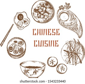 Chinese asian food sketch vector illustration. Oriental cuisine frame menu restaurant. Chinese food sketch menu. Dim sum and appetizers, china sticks and tea.