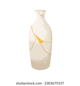 Chinese Asian kintsugi ceramics. Oriental vase in ancient China style. Reborn repaired pottery with golden mosaic lines, Eastern design. Flat vector illustration isolated on white background