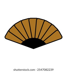 Chinese Asian paper folding fan in black and gold tones. Women theatrical fan for fanning and comfortable airflow during hot weather. Simple vector decorative element isolated on white background