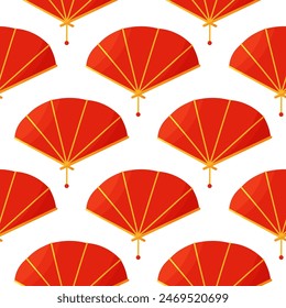 Chinese Asian red fan. Seamless pattern. Accessory of traditional national costume. Artificial creation of wind. wallpaper abstract texture print ornament fabric paper fashion background.