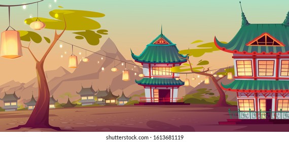 Chinese, Asian Village With Traditional Houses And Festival Lanterns On Street. Vector Cartoon Landscape With Chinese, Japanese Buildings And Mountains On Background