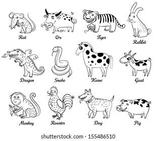 Chinese astrology. Rat, Ox, Tiger, Rabbit, Dragon, Snake, Horse, Goat, Monkey, Rooster, Dog, Pig. Black and white vector illustration. Isolated