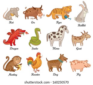  Chinese astrology. Rat, Ox, Tiger, Rabbit, Dragon, Snake, Horse, Goat, Monkey, Rooster, Dog, Pig. Set. Vector illustration. Isolated on white background