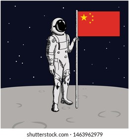 Chinese astronaut lending on moon and hold flag of China in his hand. Vector illustration