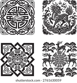 Chinese Auspicious Symbols Vector Set: Qilin, Cranes, Deer, and Bagua Lotus Ornaments in Traditional Paper-cut Style