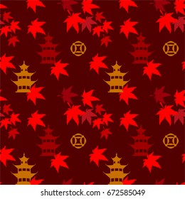 Chinese autumn seamless pattern with pagoda and red maple leaves.