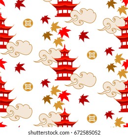 Chinese autumn seamless pattern with red maple leaves.
