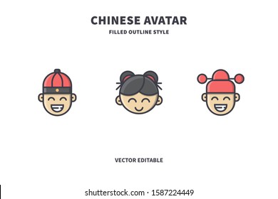 Chinese Avatar Icon Pack with Filled Outline Style, Vector Editable