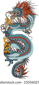 Chinesischer Azurblau oder blauer Drache in vertikaler Position. Ein Kopf, der nach links gerichtet ist und seine Zähne verdeckt, ein schlackiger Körper, der elegant um einen zentralen Brennpunkt gewickelt ist. Traditionelle Tätowierung