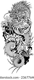 Dragas azules o azules chinas y olas de agua. Una cabeza orientada hacia el lado izquierdo y con los dientes cortados, un cuerpo serpenteante, enrollado elegantemente alrededor de un punto central. Tatuaje tradicional. Vector