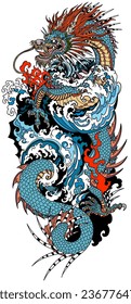 Dragas azules o azules chinas y olas de agua. Una cabeza orientada hacia el lado izquierdo y con los dientes cortados, un cuerpo serpenteante, enrollado elegantemente alrededor de un punto central. Tatuaje tradicional. Vector