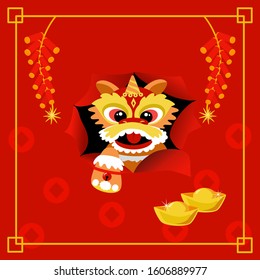 Chinese Baby Lion (Cub) Dance though Red Paper. Decorated With Firecrackers, Coins and Golds. Happy Chinese New Year Concept for Greeting Card. Cartoon Flat Vector Illustration on Red Background.
