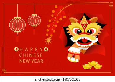 Chinese Baby Lion (Cub) Dance though Red Paper. Decorated With Firecracker, Lanterns and Golds. Happy Chinese New Year Concept for Poster, Printing. Cartoon Flat Vector Illustration on Red Background.