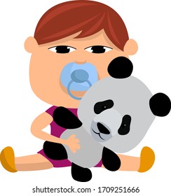 Chinese baby with panda toy, illustration, vector on white background