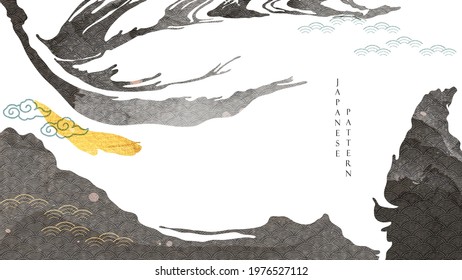 Chinese background with Asian traditional icon vector. Gold and black texture with wave pattern in vintage style. Abstract landscape banner design.