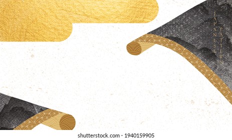 Chinese background with Asian vintage pattern vector. Paper roll elements with gold and black texture. Hand drawn wave pattern  banner in vintage style.