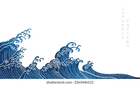 Chinese background with blue watercolor texture painting element vector. Oriental natural wave pattern with ocean sea decoration banner design in vintage style. Marine template